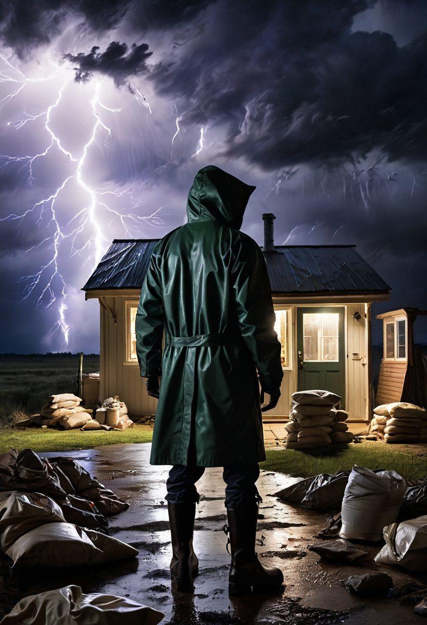 A person in a sturdy raincoat and boots standing strong against a backdrop of torrential rain, lightning, and heavy winds, with a house in the distance fortified with sandbags. A survival kit lying nearby with essentials like a flashlight, food supplies, and first aid. Vibrant, intense colors capturing the ferocity of the weather. super-realistic. dramatic lighting. action-packed.