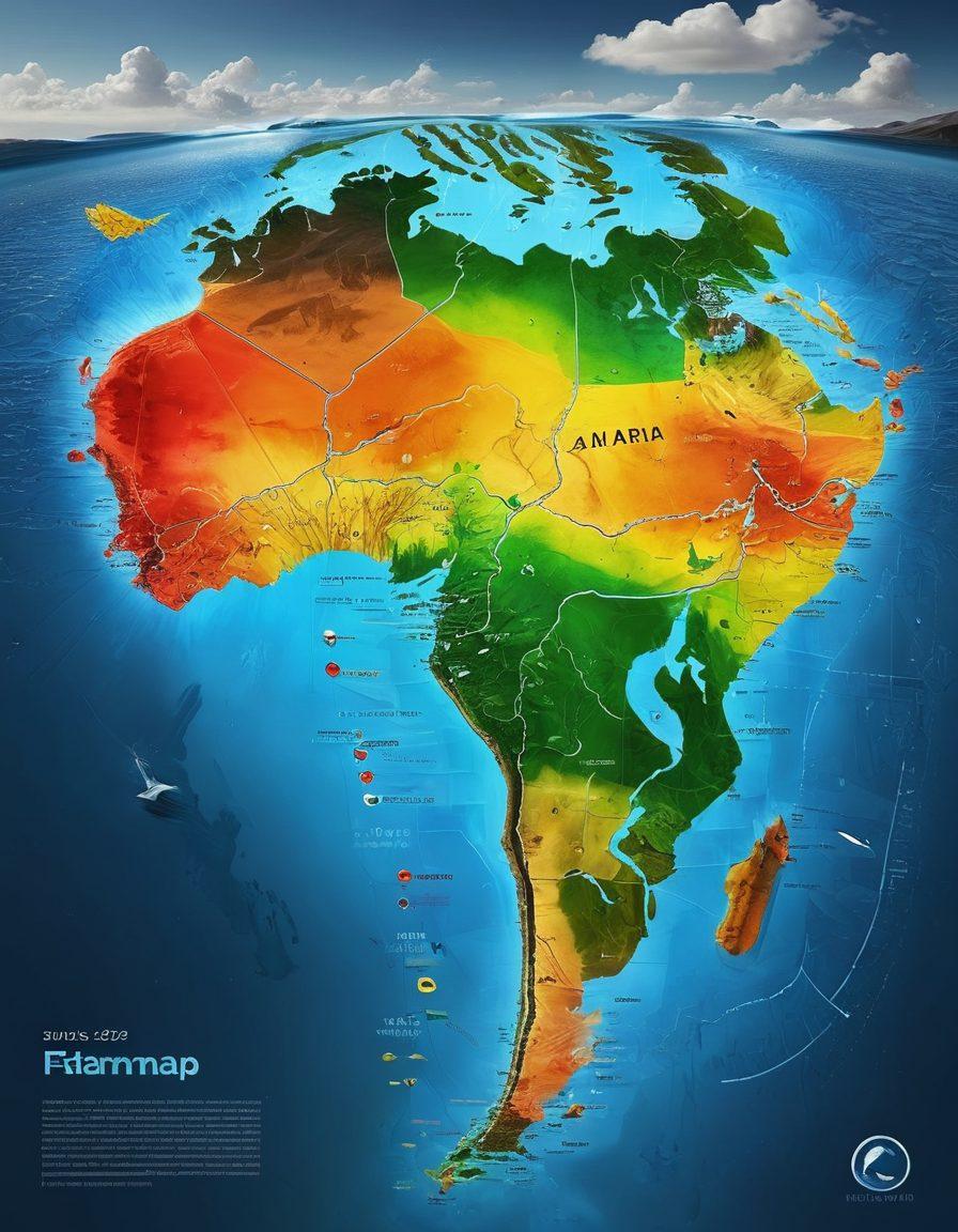 An intricate world map highlighting various climate zones with vivid colors, overlayed with symbols representing different weather patterns like storms, droughts, and glacier melts. Surrounding the map are smaller icons depicting local impacts such as agriculture, sea levels, and wildlife. Include a dynamic background with a mix of sun, clouds, rain, and wind elements. super-realistic. vibrant colors.