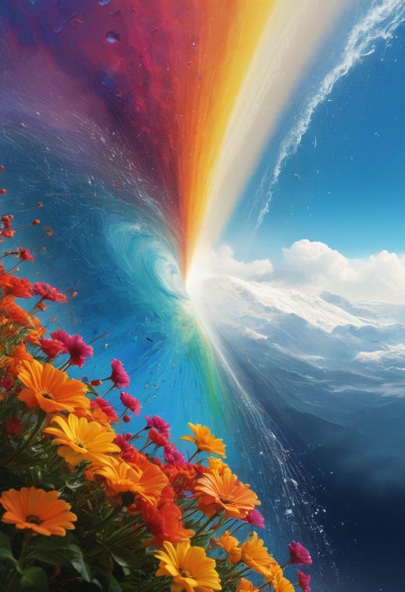 A dynamic collage showcasing a swirling hurricane, a radiant sun, raindrops on glass, blooming flowers representing seasons, and a futuristic weather map with data charts. The collage should evoke curiosity and wonder, integrating colorful weather icons and varying landscapes in different quadrants. painting. vibrant colors. visually immersive.